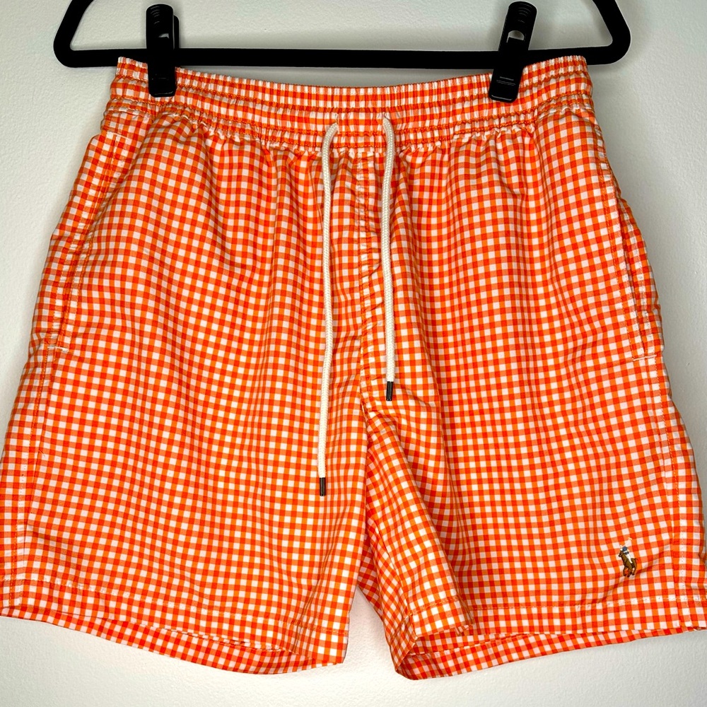 POLO Ralph Lauren, Orange and white gingham swim trunks. Size M, like new!